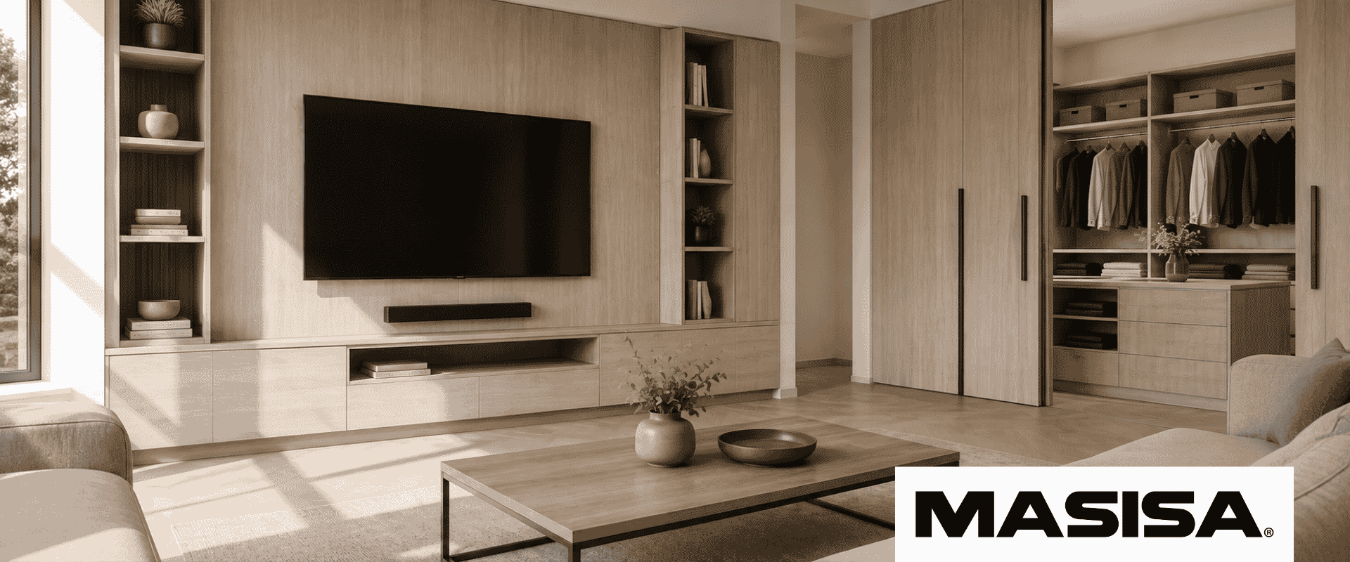 Sala de TV y closet con mobiliario en acabados de madera Masisa