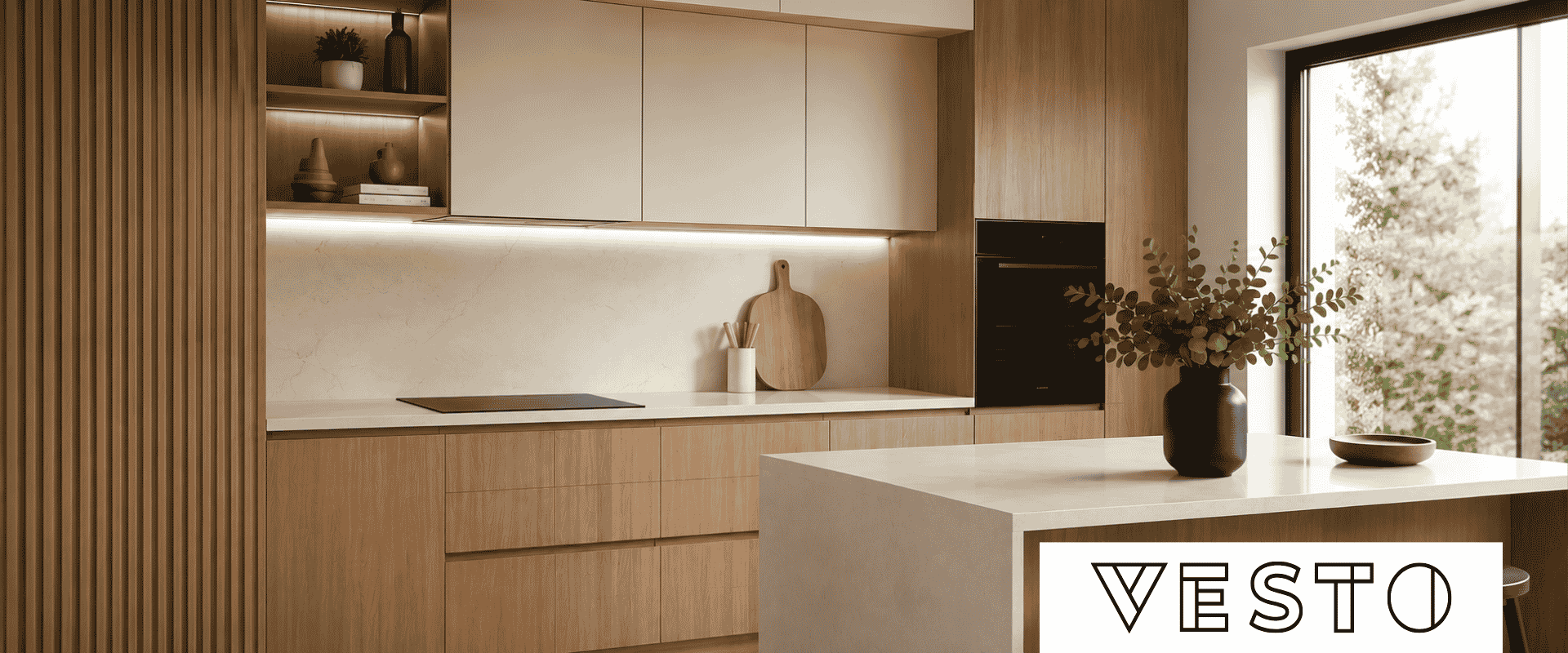 Cocina moderna con mobiliario en acabados de madera de la línea Vesto