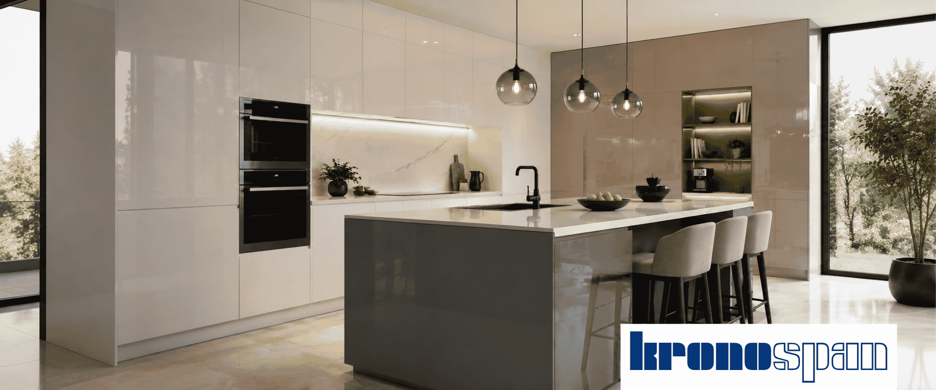 Cocina moderna con mobiliario en láminas Feelness High Gloss de Kronospan