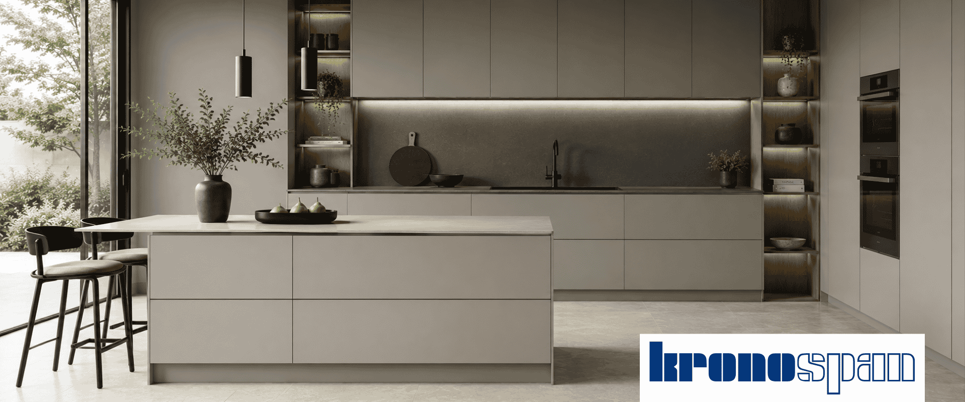 Cocina moderna con láminas súper mate FeelNess Ultra Matt de Kronospan en color Cashmere