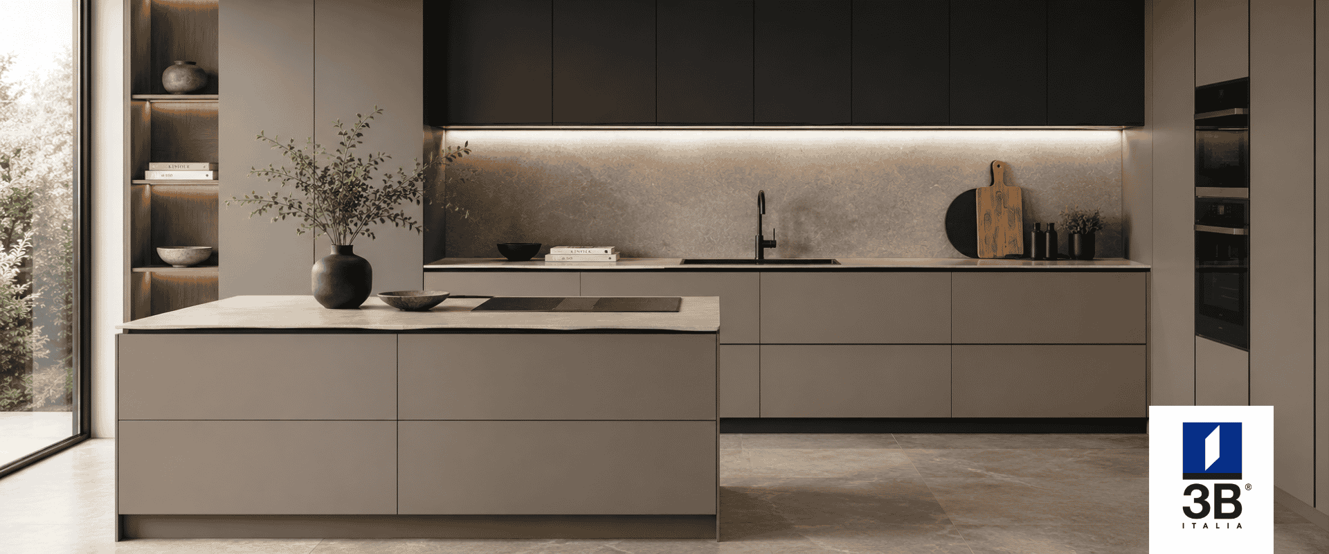 Cocina moderna con láminas súper mate MaxxiMatt de 3B Italia en acabado Mocaccino